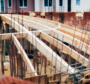 Details of roof system on monastery dome. Construction site, industrial wooden roof systems